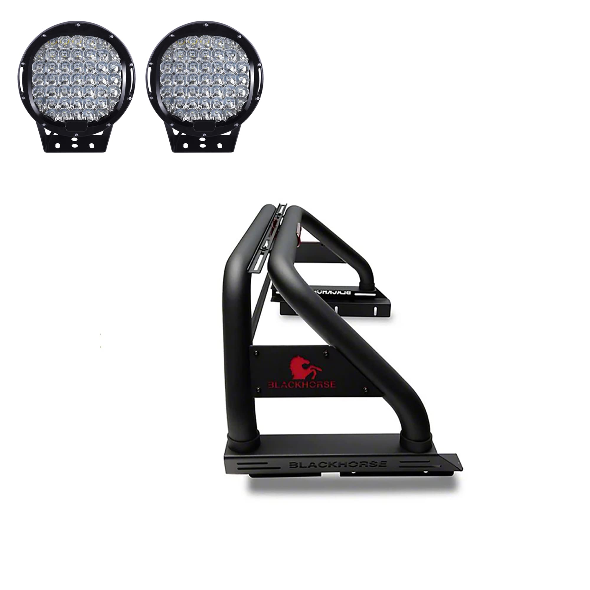 Classic Black Horse Roll Bar Incl.Set of 9 Black Round LED Light Compatible with 2022-2024 Nissan Frontier-RBB22-PL69B