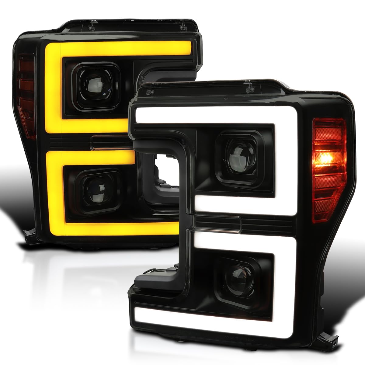 Black Smoke SPEC-D TUNING Projector Headlights w/LED Sequential Turn Signal Switchback Compatible with 2017-2019 Ford F-250, F-350, F-450, F-550 Super Duty, Left + Right Pair Headlamps Assembly