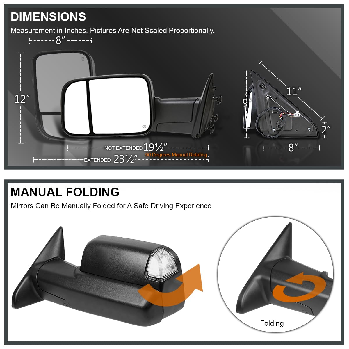 Spec-D Tuning Power Folding Black Heated Towing Side Mirrors+LED Signal+Puddle+Temp Sensor Compatible with 2013-2018 Dodge Ram 1500 2500 3500/2019-2024 Dodge Ram 1500 Classic Left + Right Pair