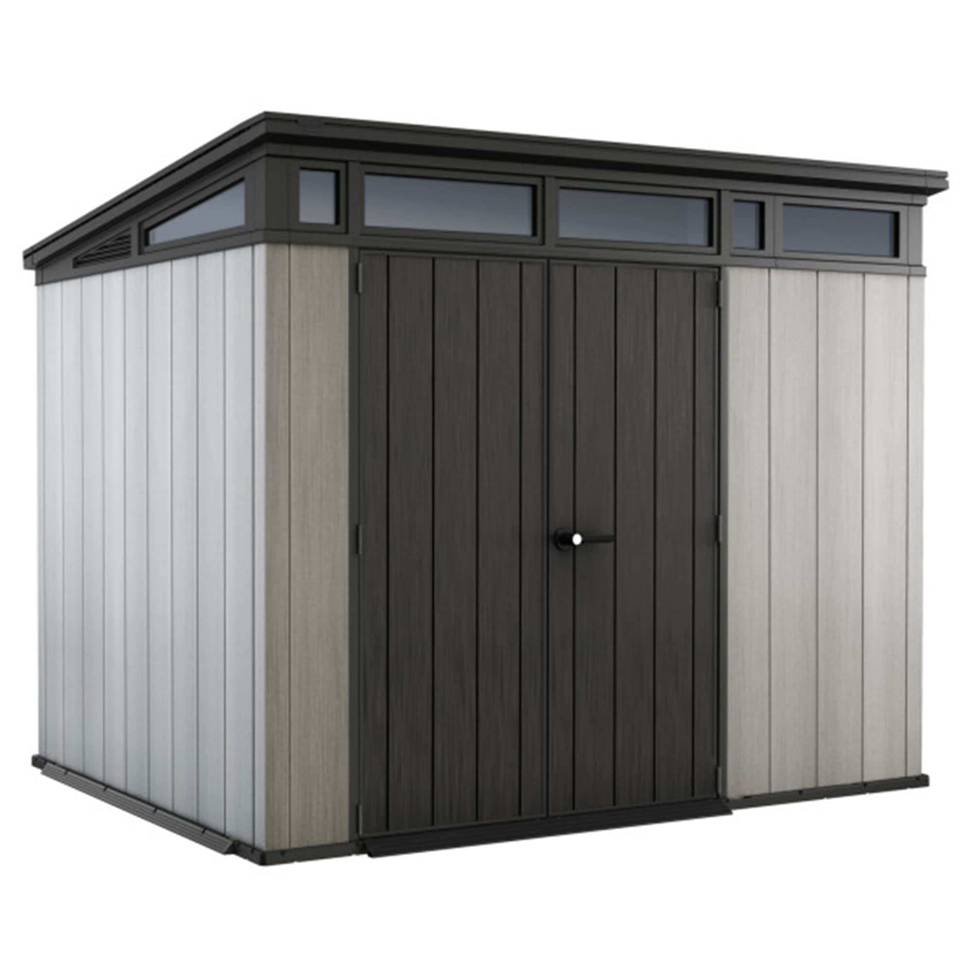 Artisan Keter 9x7 Foot Large Outdoor Shed with Floor with Modern Design for Patio Furniture, Lawn Mower, Tools, and Bike Storage, feet, Grey/Black