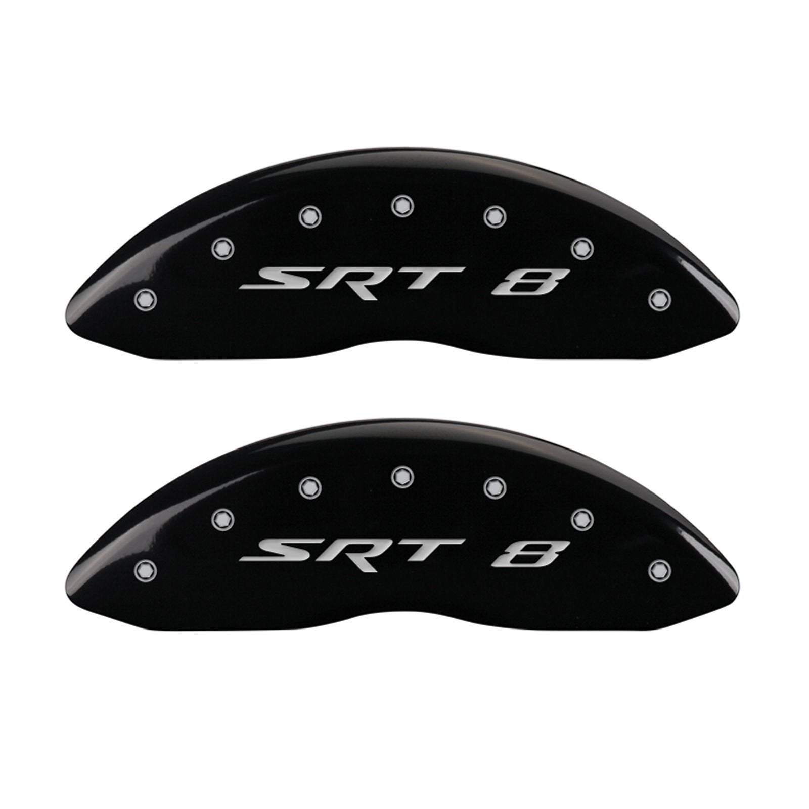 MGP 42002SSR8BK Caliper Covers 'SRT-8' Engraved Caliper Cover with Black Powder Coat Finish and Silver Characters, (Set of 4)