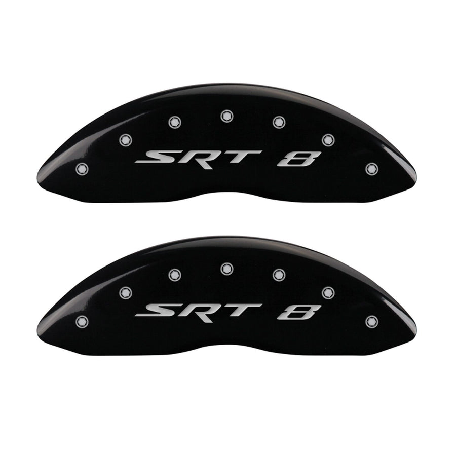 Caliper Covers MGP (32006SSR8BK) 'SRT8' Engraved Front and Rear Caliper Cover with Black Powder Coat Finish and Silver Characters, (Set of 4)