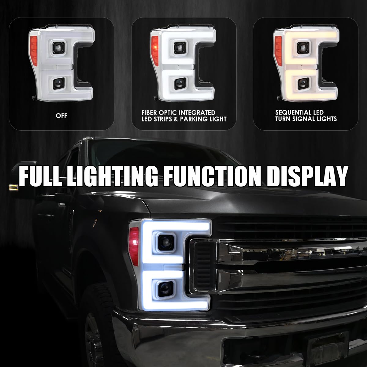 Special Edition SPEC-D TUNING Arctic White Projector Headlights w/LED Sequential Turn Signal Switchback Compatible with 2017-2019 Ford F-250/F-350/F-450/F-550 Super Duty, Left + Right Pair Assembly