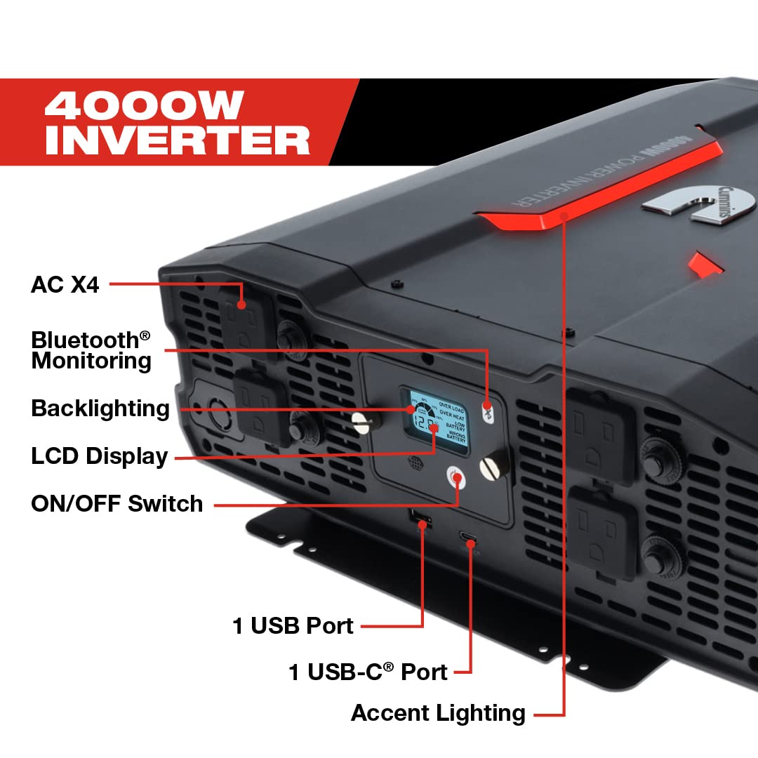 4000 Watts Cummins Inverter Modified Sine Wave Truck Inverter 12 Volts to 110 Volts Four AC Outlets Two USB Ports (Plus Cable Kit)- CMN4000W - Inverters for Vehicles, Van Life, Camping
