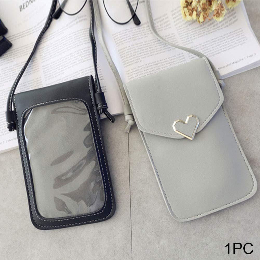 Kathleen0 Handbag Women PU Leather Daily Small rossbody Mobile Phone Gift Touch Screen Outdoor Heart-Shaped Decorative onvenient Transparent(Light Grey)