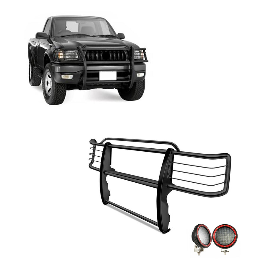 Bumper Guard Black Horse Grille Brush Modular Black Come with Pair of 5.3" Dia.LED Lights with Red Trim Rings Compatible with 2001-2004 Toyota Tacoma-17TO23MA-PLFR