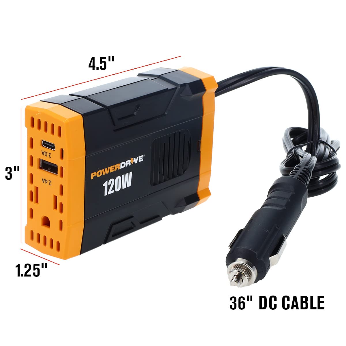 PowerDrive 120 Watt PWD120 Slim Power Inverter 12v DC to 110v AC with Outlet and 2 USB Ports