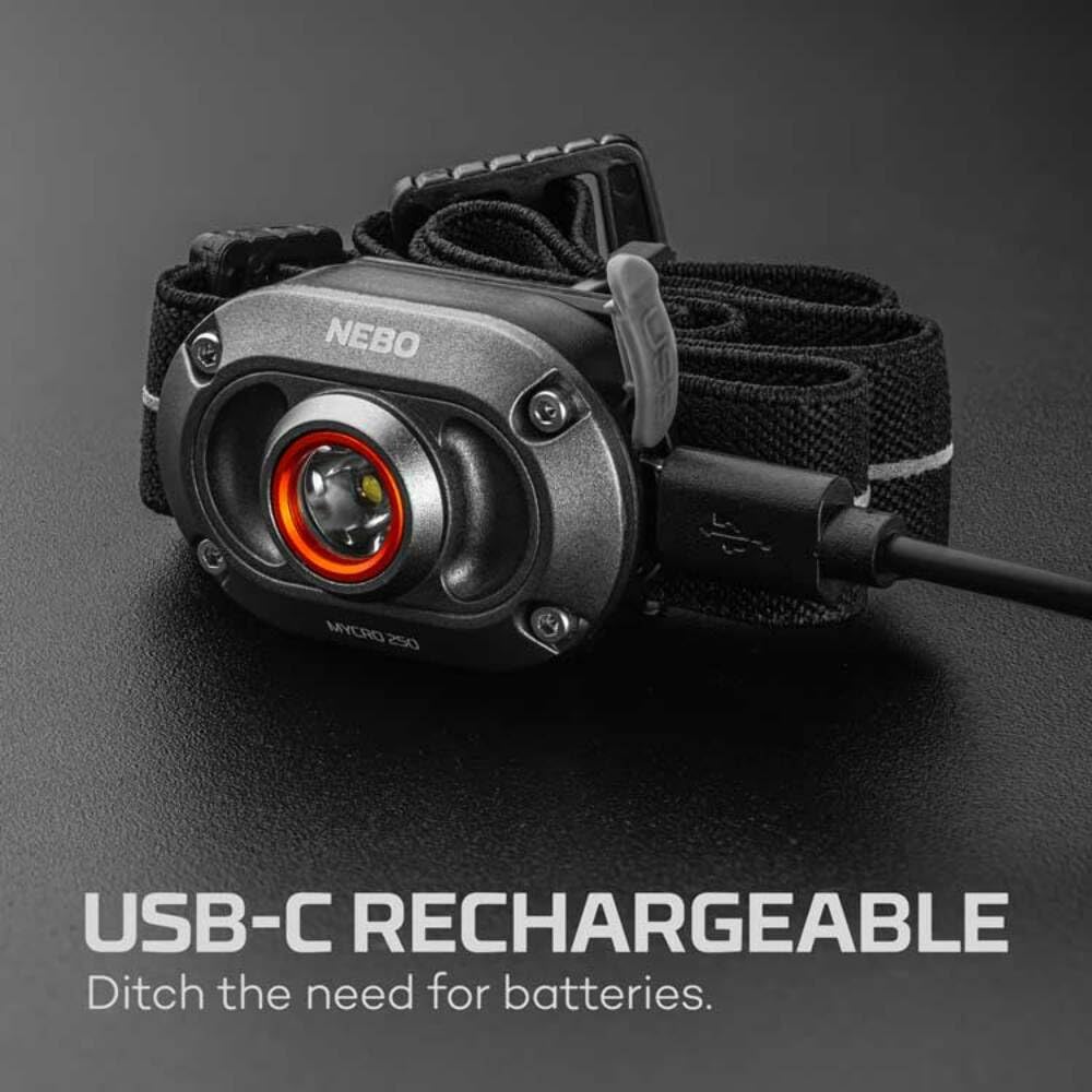 250 NEBO MYCRO Rechargeable Headlamp | 250 Lumens, 3 Light Modes, Water Resistant, Adjustable Strap, Super Bright Head Lamp for Camping & Hiking, Includes USB Charging Cable — 2 Pack