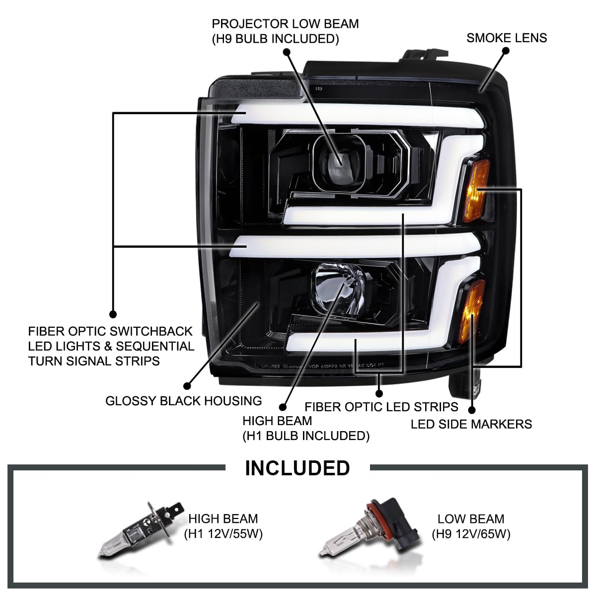Glossy Black Smoke SPEC-D TUNING Projector Headlights w/Sequential Switchback LED Signal Lamps Compatible with 2015-2019 Chevy Silverado 2500HD 3500HD