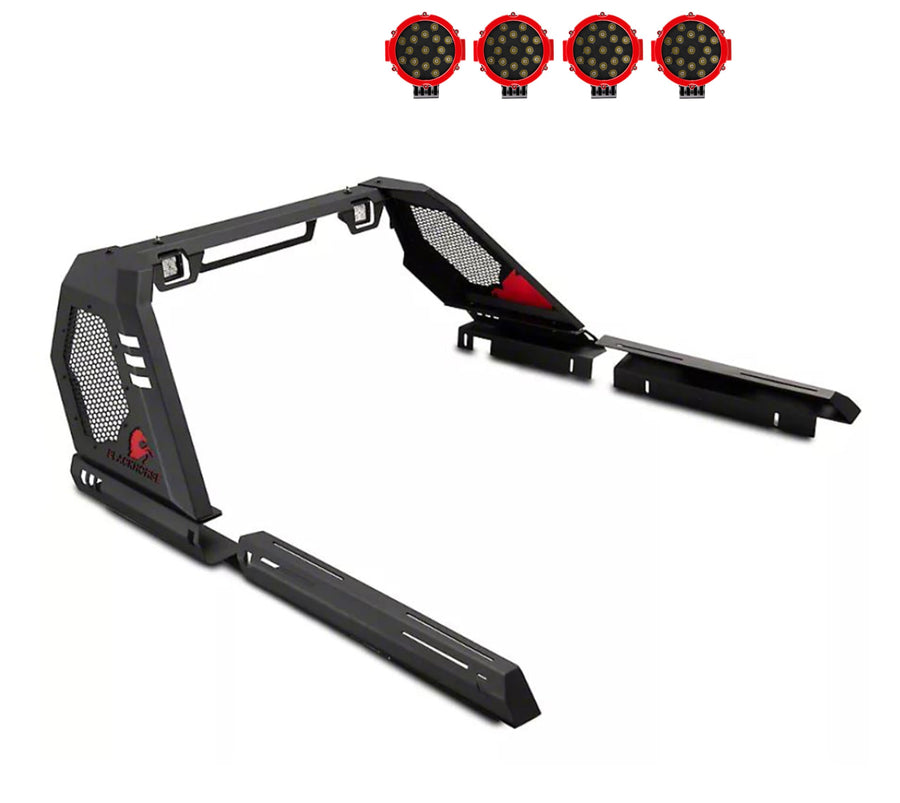 Vigor Roll Bar Black Horse w/Pair of 7.0" Dia.led Lights w/Red Trim Rings Modular Compatible with 07-25 Silverado 1500|07-25 Sierra 1500|09-10 Ram 1500|11-25 Ram 1500|09-25 F-150|07-25 Tundra