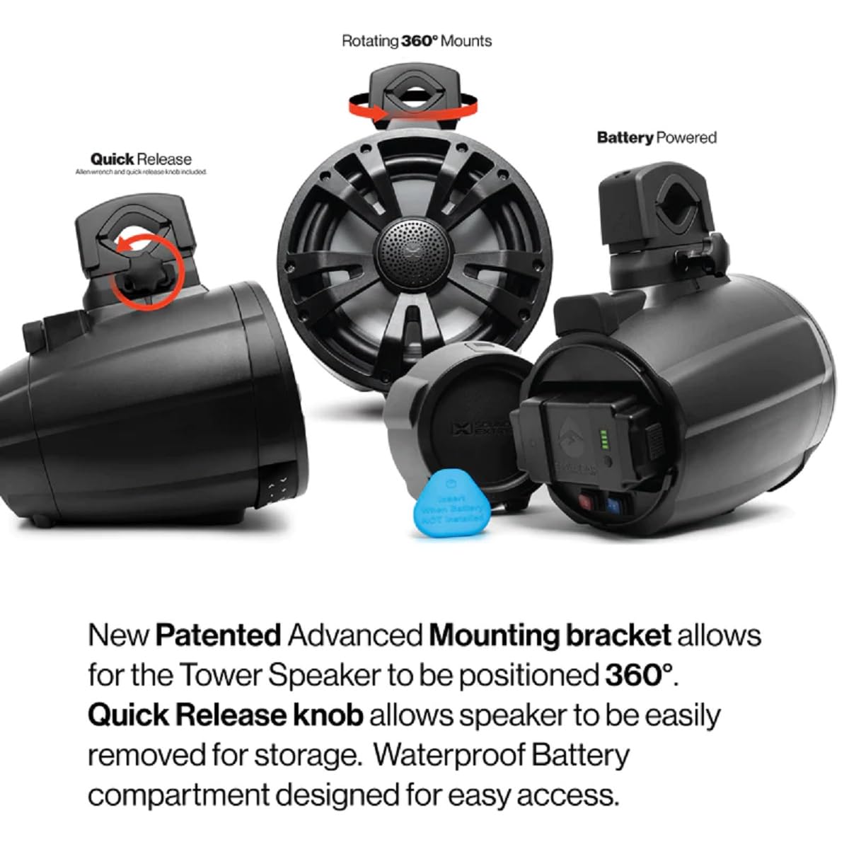 SoundExtreme TB8 8-inch ExtremeTower Powersports Marine Waterproof Sealed 2-Way – 1 Battery-Powered Bluetooth Amplified Speaker + 1 Passive Speaker – Black