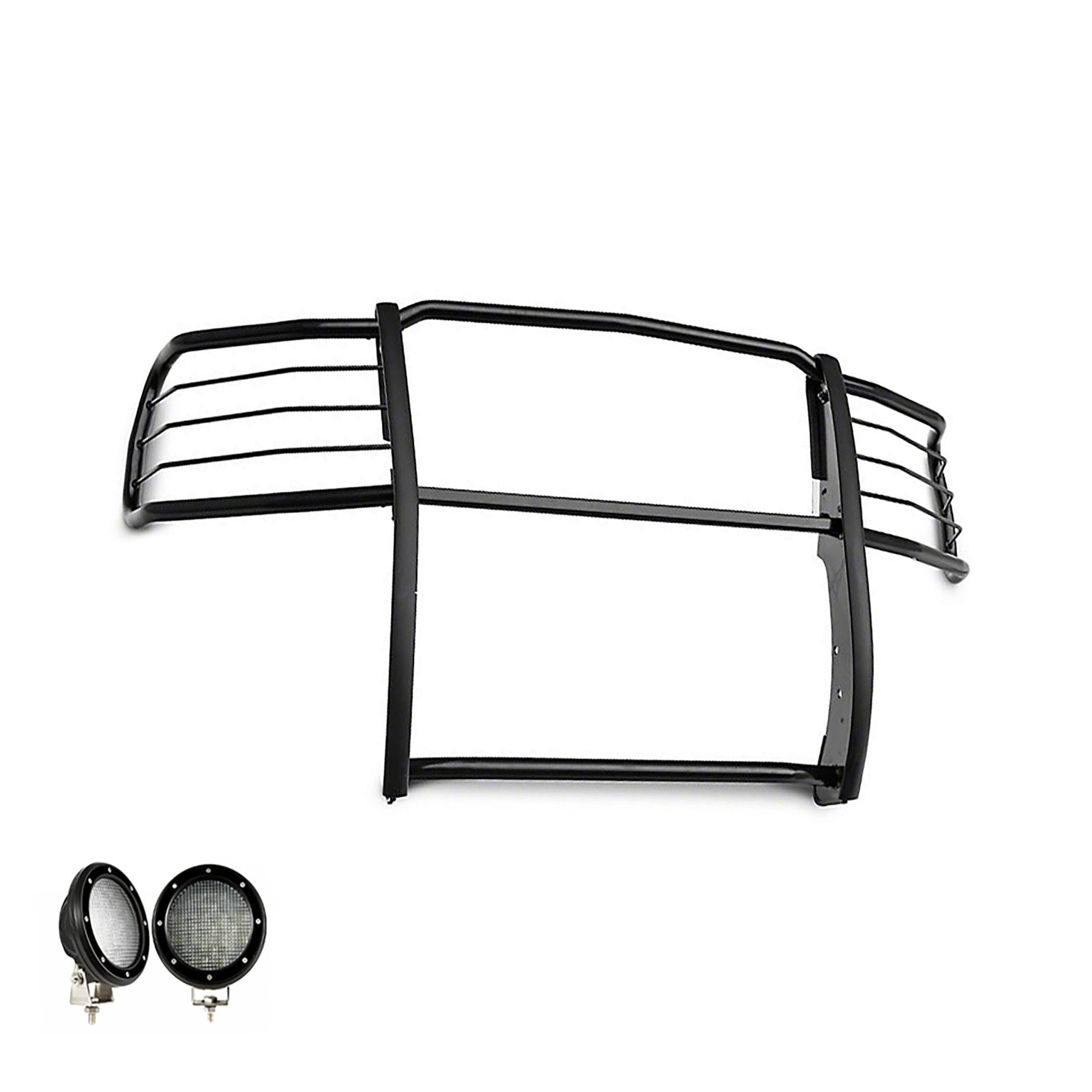 Bumper Guard Black Horse Grille Brush Modular Black Come with Pair of 5.3" Dia.LED Lights with Black Trim Rings Compatible with 2014-2018 Chevrolet Silverado 1500-17GT27MA-PLFB