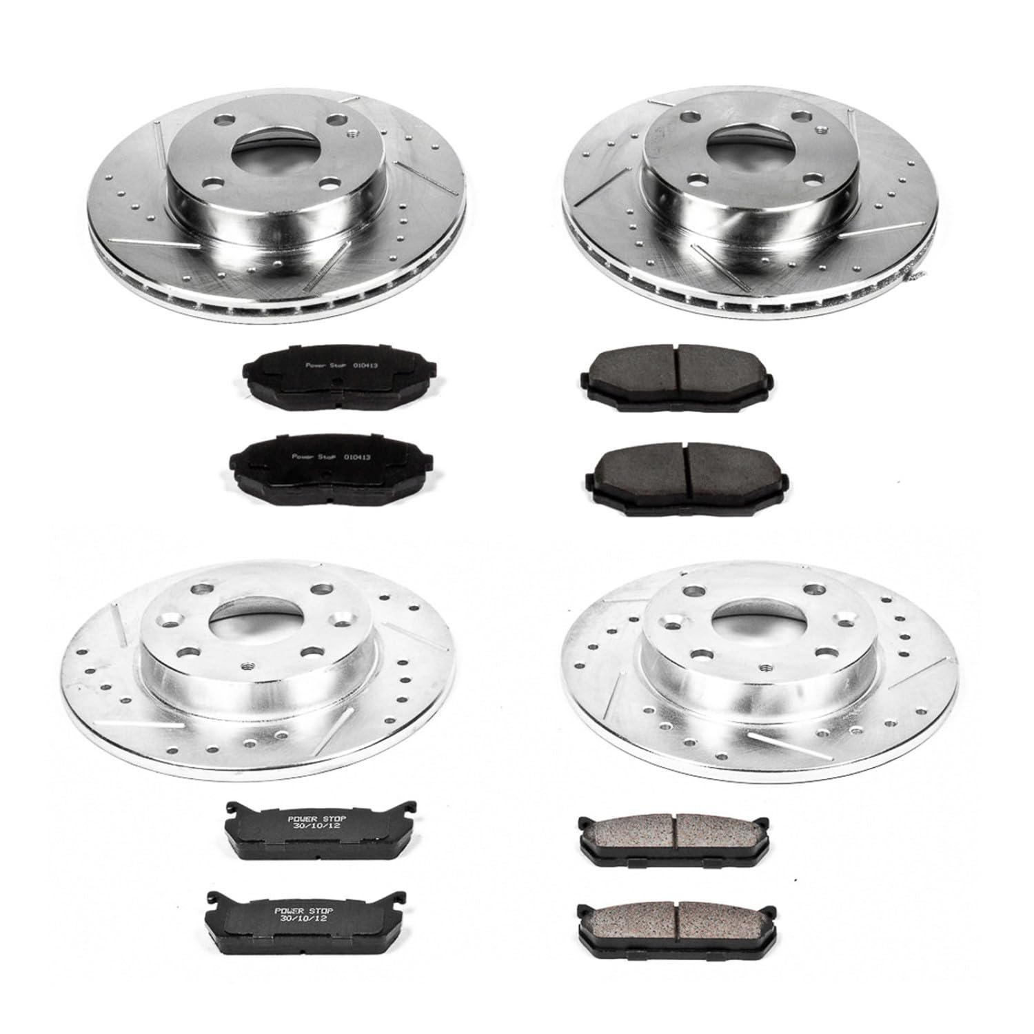 Power Stop K718 Z23 Carbon Fiber Brake Pads Front and Rear with Drilled & Slotted Brake Rotors Kit [Application Specific] For Mazda Miata 1990-1993 [Model Specific]