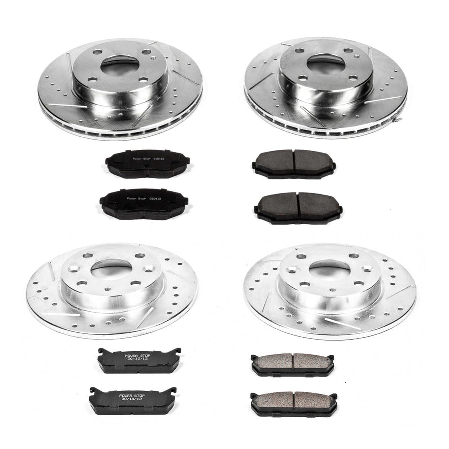 Power Stop K718 Z23 Carbon Fiber Brake Pads Front and Rear with Drilled & Slotted Brake Rotors Kit [Application Specific] For Mazda Miata 1990-1993 [Model Specific]
