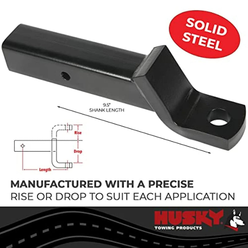 Husky 33004 Towing Class V Trailer Hitch Ball Mount Fits 2-1/2 Inch Receiver 2-1/2 Inch Drop 1 Inch Rise 9-1/2 Inch Shank 1-1/4 Inch Hitch Ball Hole Black Powder Coated Steel Without Ball