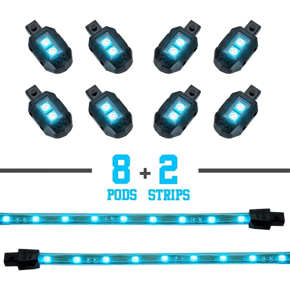 LIGHT BLUE XKGLOW 8 POD 2 STRIP LED Universal Motorcycle Accent Neon Underglow Light Kit, XK034001-AB