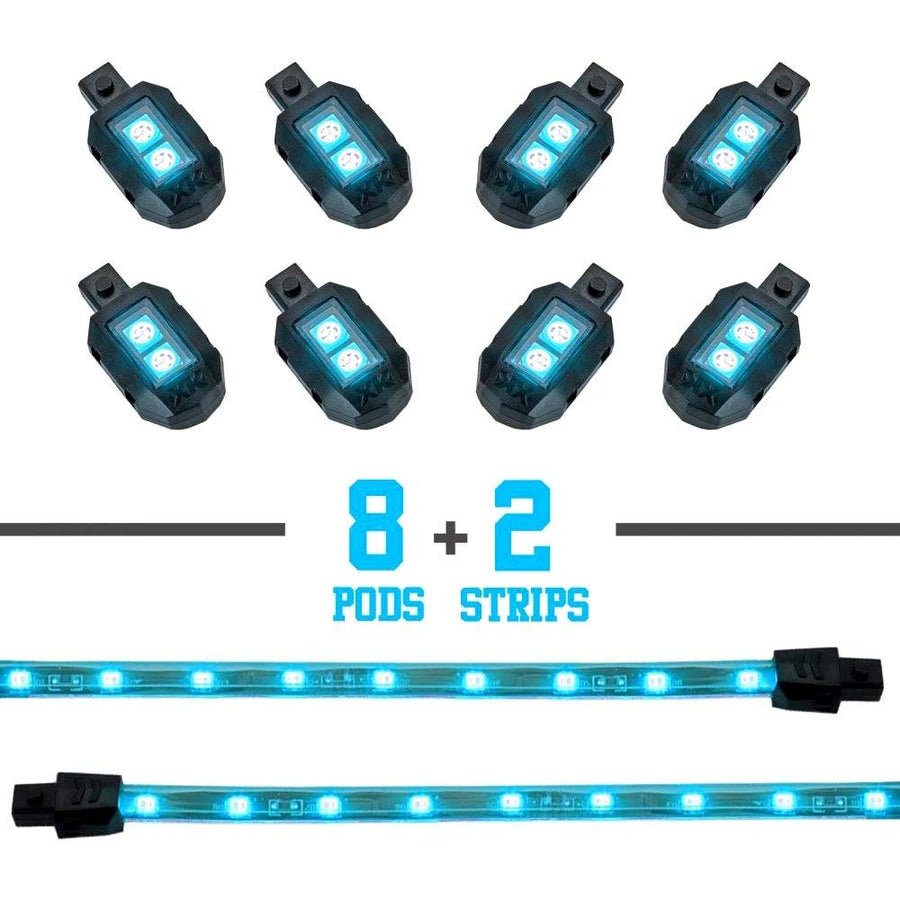 LIGHT BLUE XKGLOW 8 POD 2 STRIP LED Universal Motorcycle Accent Neon Underglow Light Kit, XK034001-AB