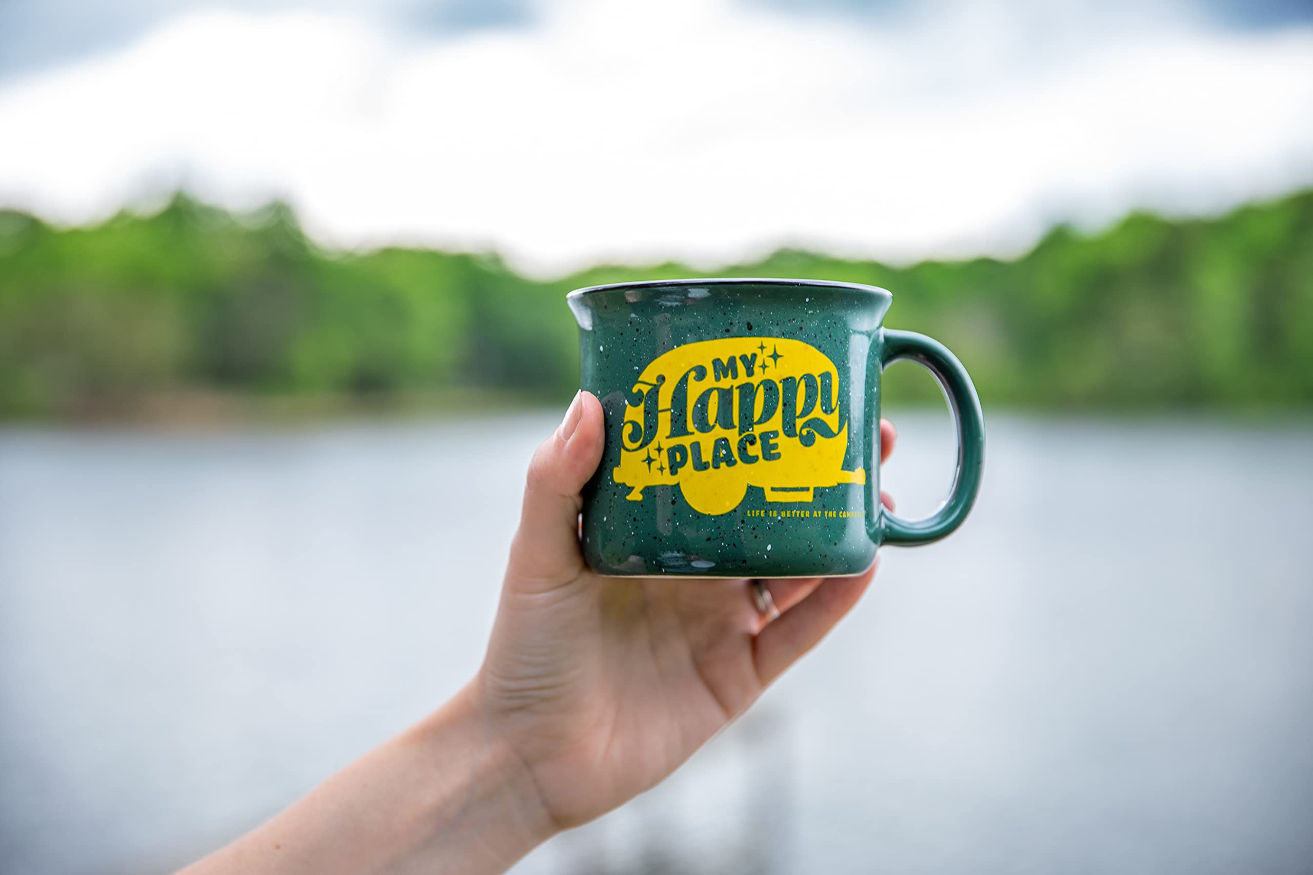 Camco Ceramic Coffee Mug is Better at The Campsite Life - Microwave and Dishwasher Safe - Features Green Background with Retro RV My Happy Place Design - Coffee Cup Holds 14oz. (53471)