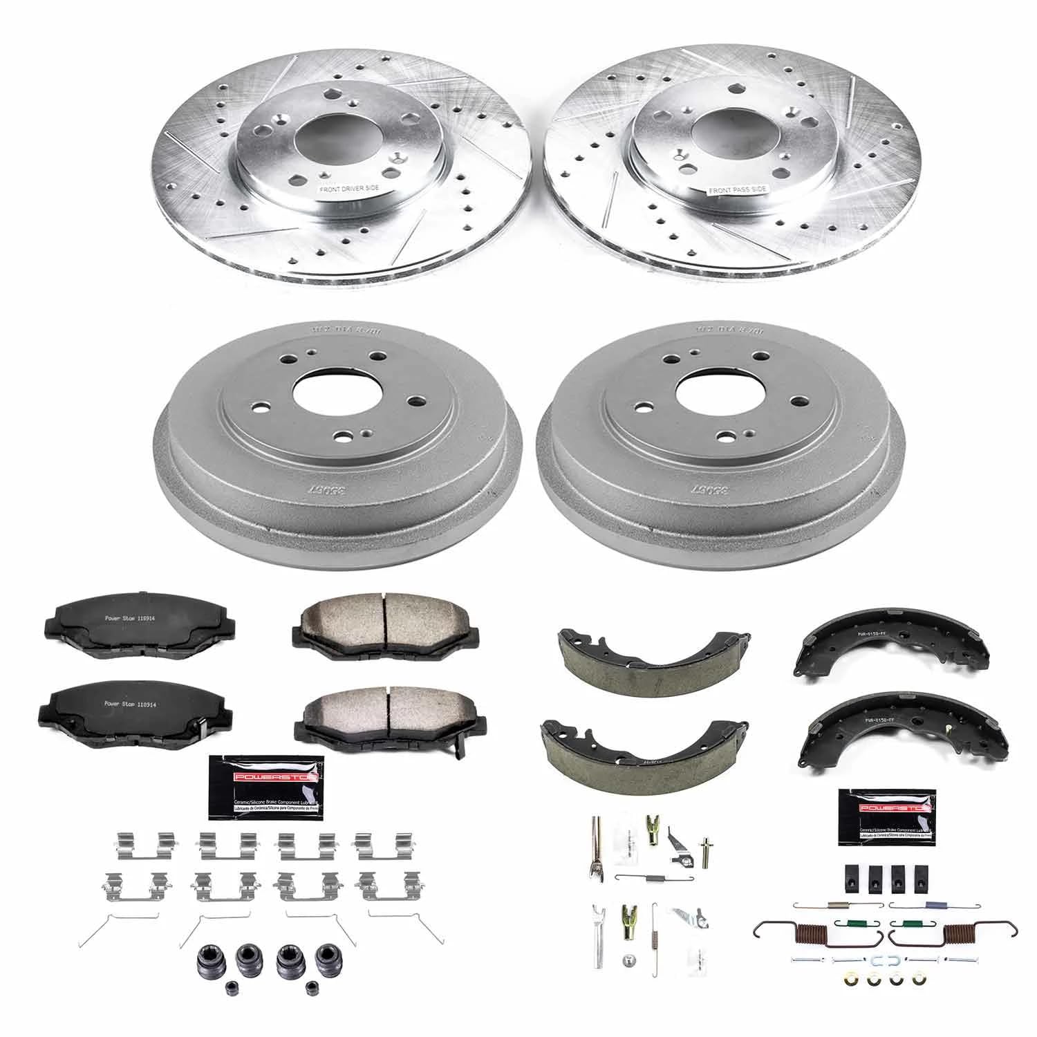Power Stop Brake Kit Front and Rear For 2003 2004 2005 2006 2007 Honda Accord - Truck & Tow Carbon Fiber Ceramic Pads, Drums, & Drilled and Slotted Rotors Replacement, K15107DK-36