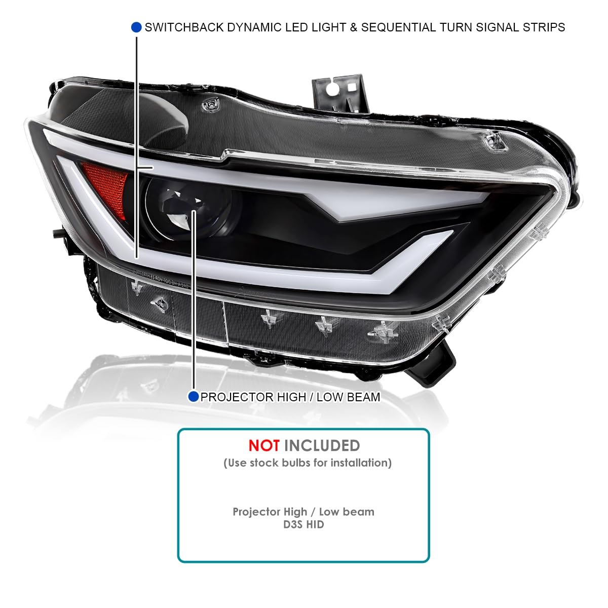 HID/Xenon Projector Headlights SPEC-D TUNING w/Fiber Optic Sequential Switchback LED Strip, Startup Animation Compatible with 2015-2017 Ford Mustang Models, Left + Right Pair Headlamps Assembly