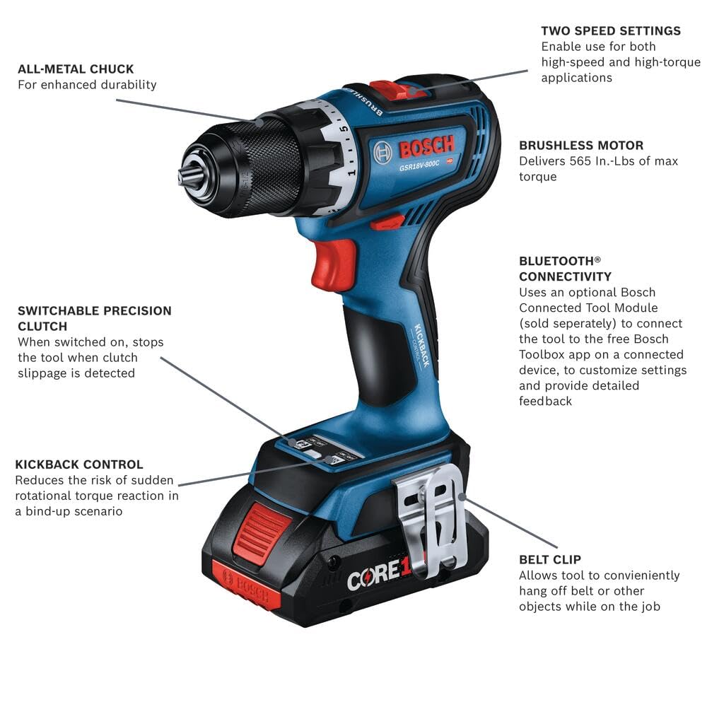 BOSCH 18V GSR18V-800CB24 Brushless Connected-Ready 1/2 In. Drill/Driver Kit with (2) CORE18V® 4 Ah Advanced Power Batteries