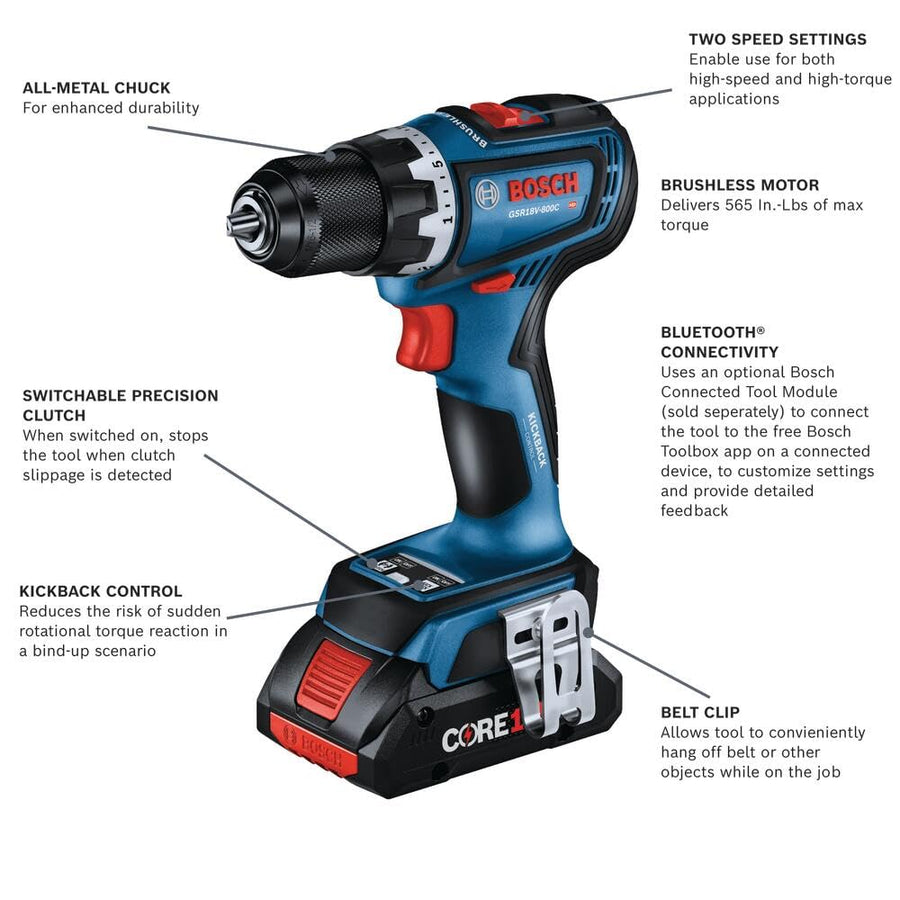BOSCH 18V GSR18V-800CB24 Brushless Connected-Ready 1/2 In. Drill/Driver Kit with (2) CORE18V® 4 Ah Advanced Power Batteries