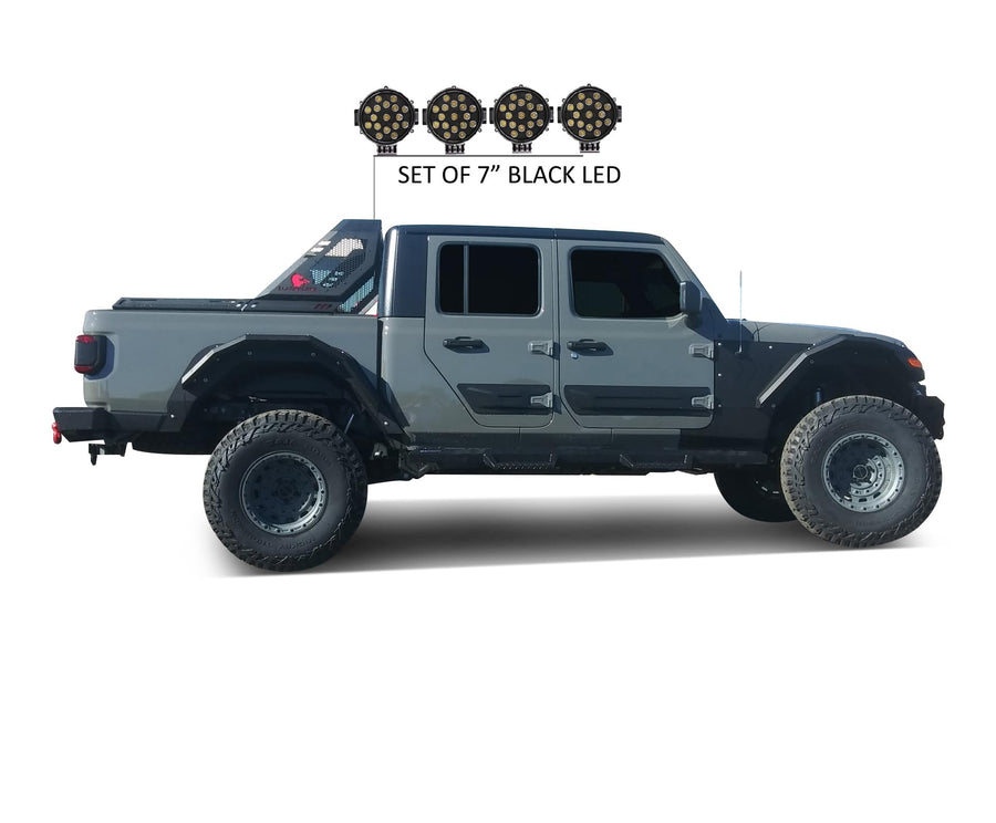 Vigor Black Horse Roll Bar incl. Pair of 7.0" Dia. LED Lights w/Black Trim Rings Modular Black Compatible with 2020-2024 Jeep Gladiator-VIRB09B-PLB