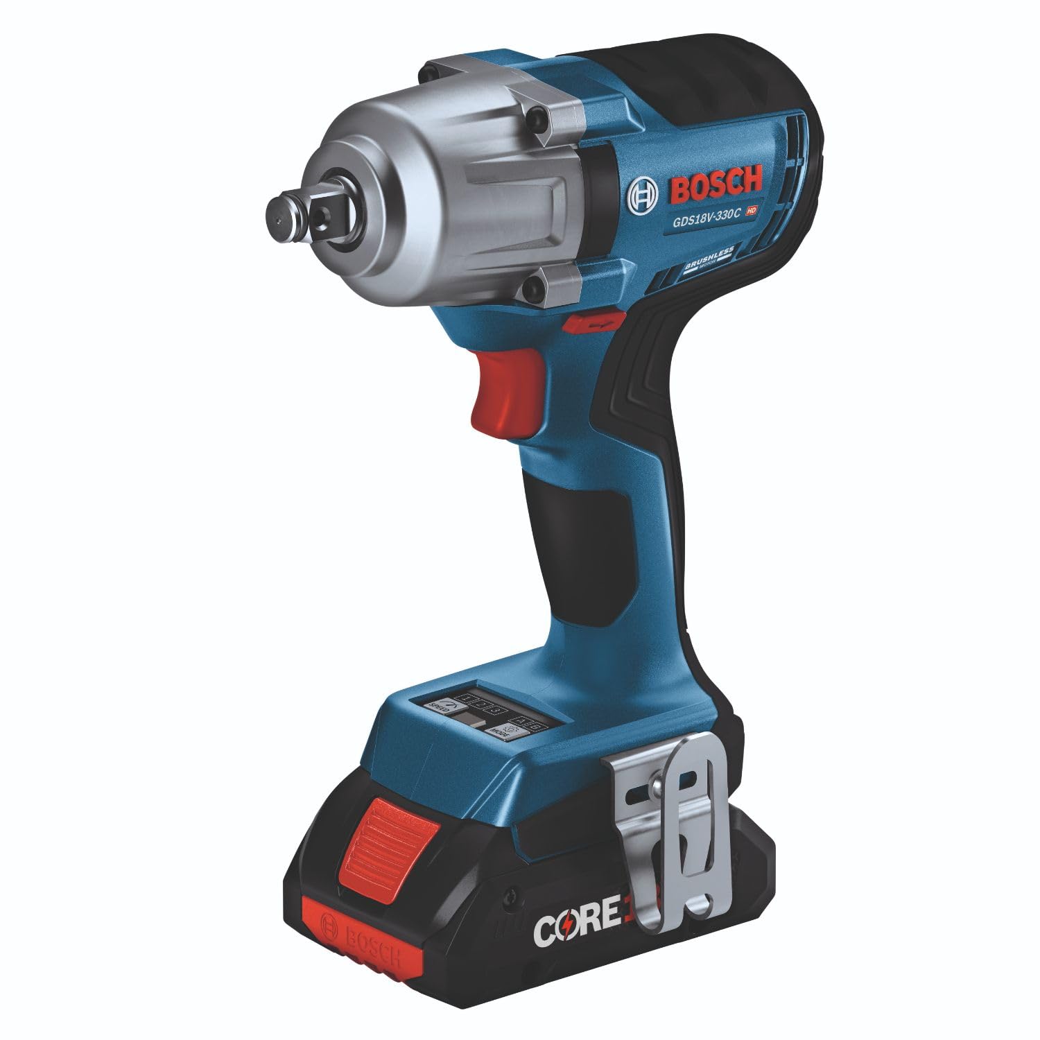 Bosch GDS18V-330CB25 1/2 In. Mid-Torque Impact Wrench Kit with Friction Ring and Thru-Hole 18V Brushless Connected-Ready and (2) CORE18V® 4 Ah Advanced Power Batteries