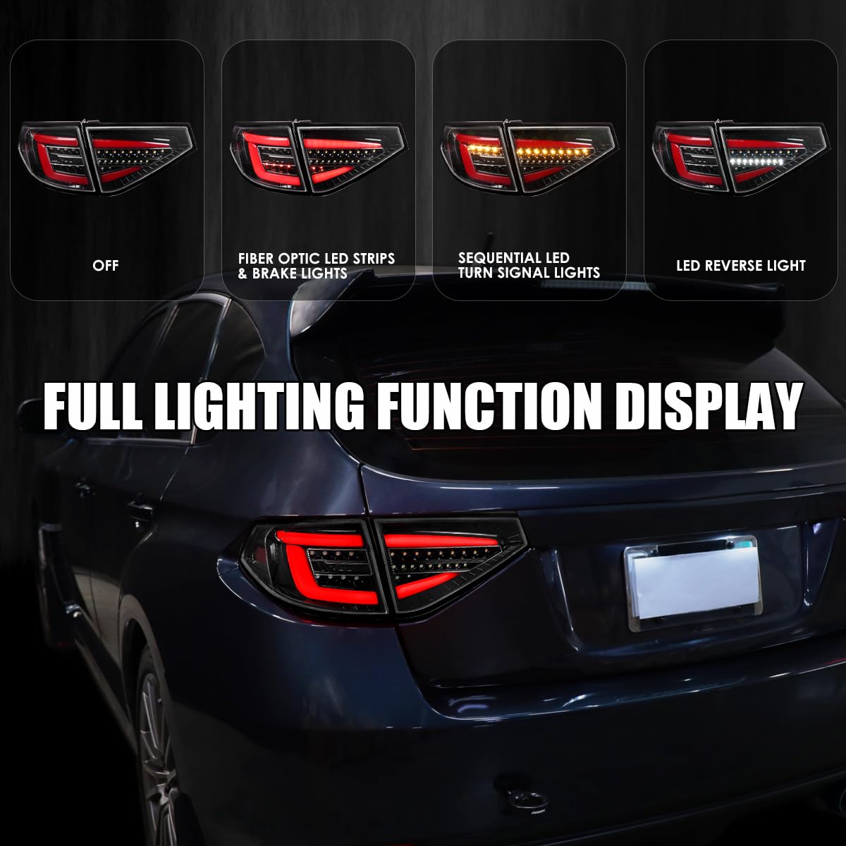 Jet Black SPEC-D TUNING Sequential Tail Lights w/Red LED Bar Compatible with 2008-2014 Subaru Impreza WRX Hatchback, Left + Right Pair Assembly