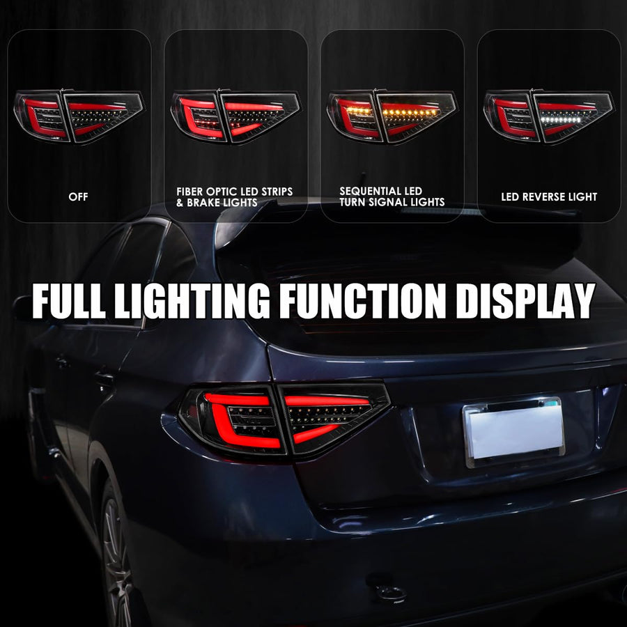 Jet Black SPEC-D TUNING Sequential Tail Lights w/Red LED Bar Compatible with 2008-2014 Subaru Impreza WRX Hatchback, Left + Right Pair Assembly