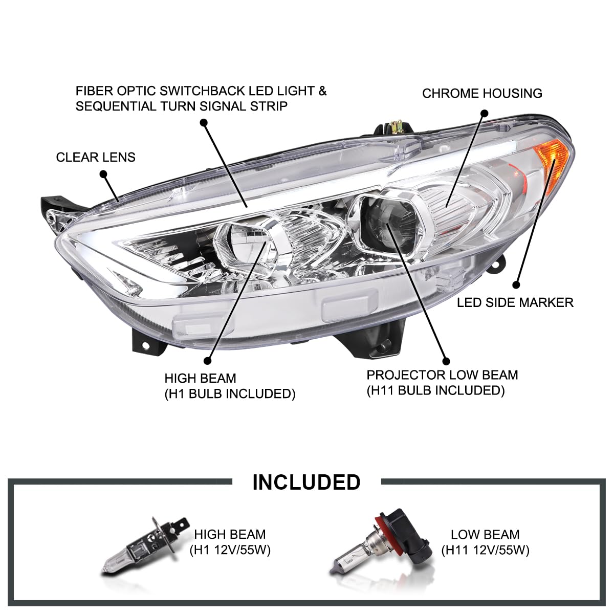Chrome Projector Headlights SPEC-D TUNING w/Sequential Switchback LED Tube Signal Compatible with 2013-2016 Ford Fusion, Left + Right Pair Headlamp Assembly