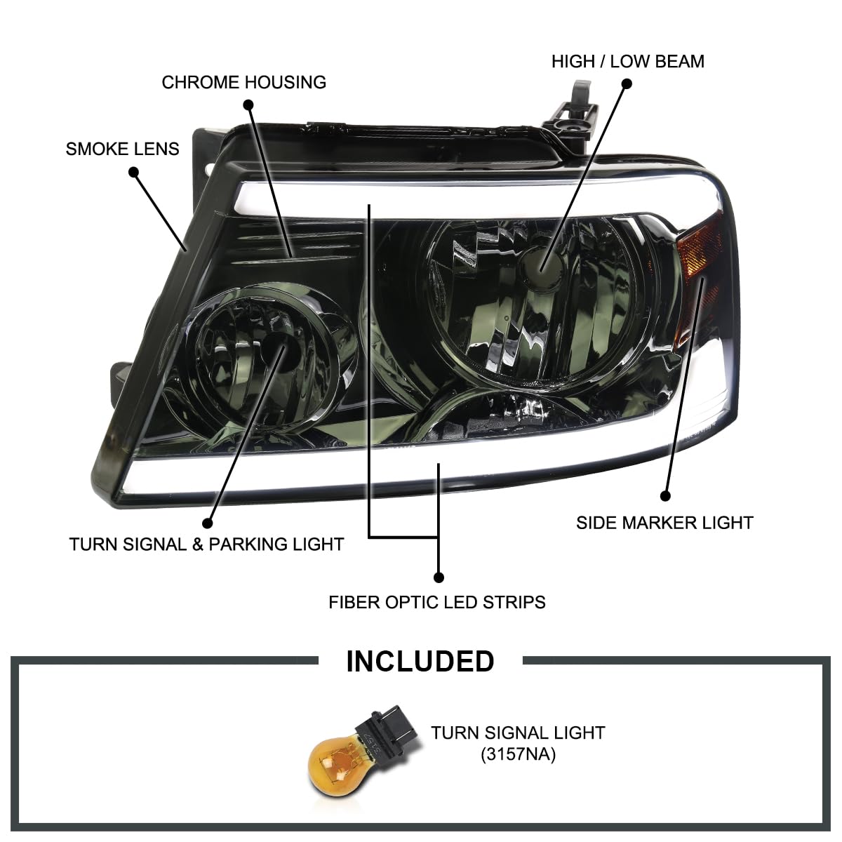 Smoke Headlights w/LED Bar Strip SPEC-D TUNING Compatible with 2004-2008 Ford F-150, 2006-2008 Lincoln Mark LT L+R Pair Head Light Lamp Assembly