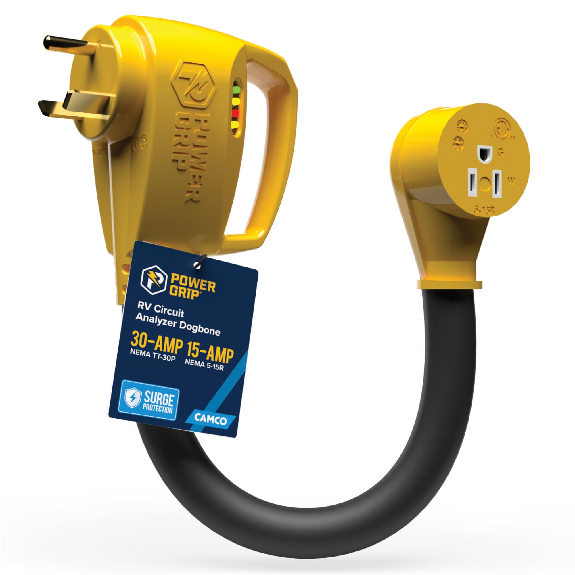 Camco Power Grip 30-Amp RV 12" Circuit Analyzer Dogbone - Features Integrated Surge Protection & Fault Indication, 12", 30-Amp Male to 15-Amp Female, 125V / 1875W (55461)