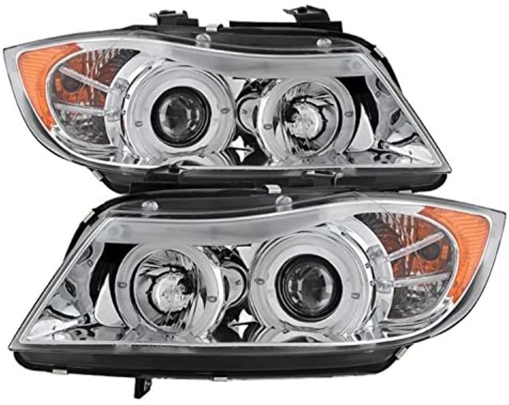 BMW E90 3-Series 06-08 4DR Spyder Projector Headlights - LED Halo - Amber Reflector - Replaceable Eyebrow Bulb - Chrome - High H1 (Included) - Low H7 (Included)