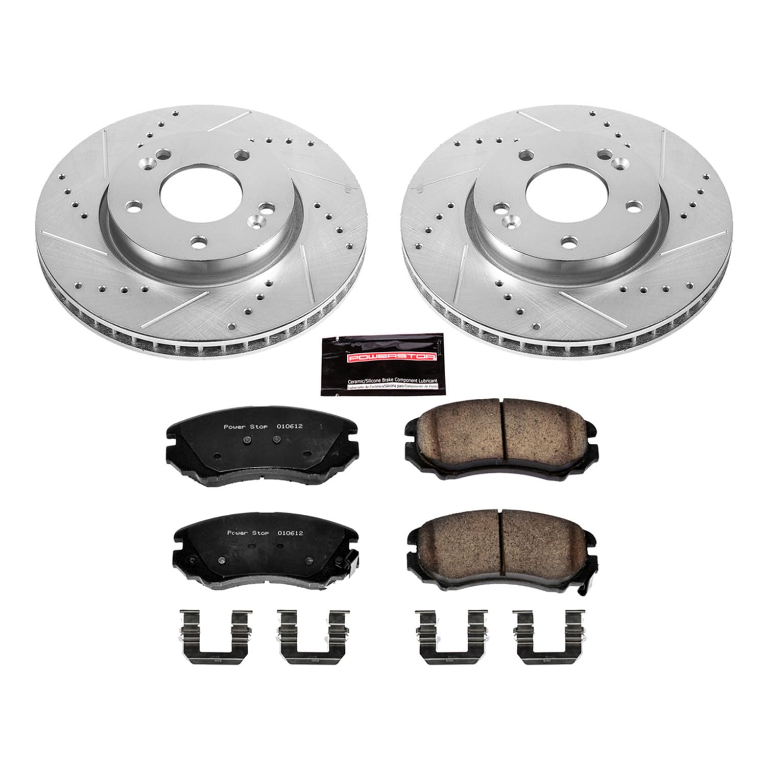 Power Stop K5913 Z23 Carbon Fiber Brake Pads with Drilled & Slotted Brake Rotors Kit For Kia Soul 2010-2011 [Model Specific]