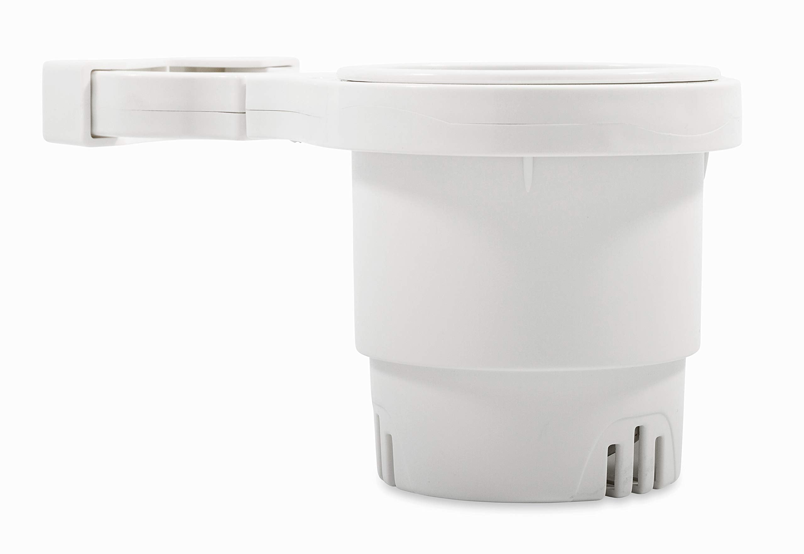 Camco Clamp Mounted Large Cup Holder-Provides a Secure Location for Your Beverage-Mountable for Up to 2-Inch Rail-White (53083)