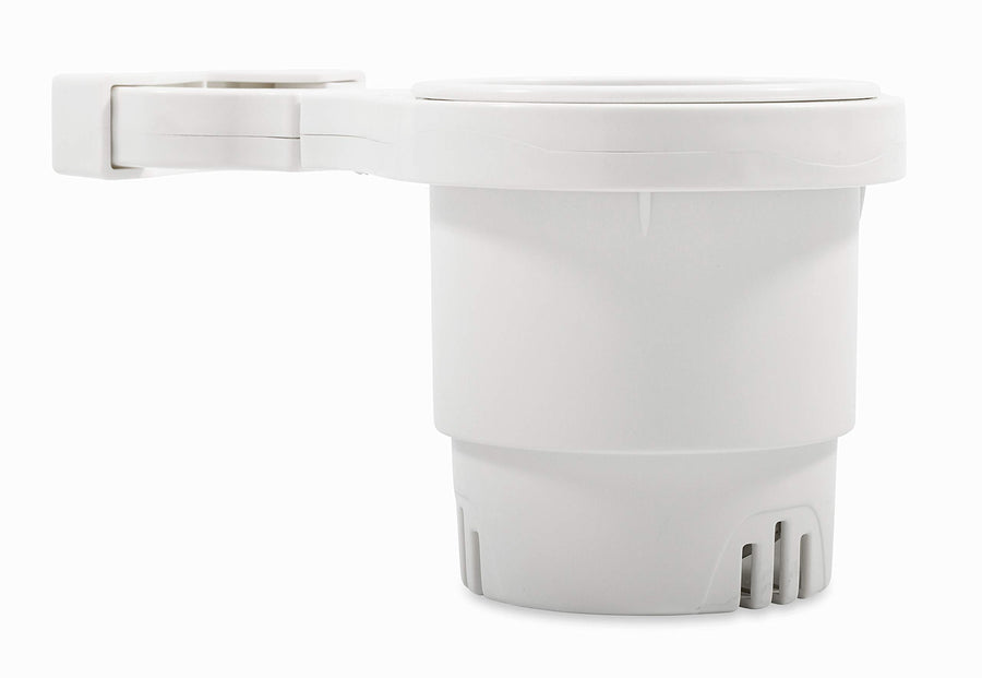 Camco Clamp Mounted Large Cup Holder-Provides a Secure Location for Your Beverage-Mountable for Up to 2-Inch Rail-White (53083)