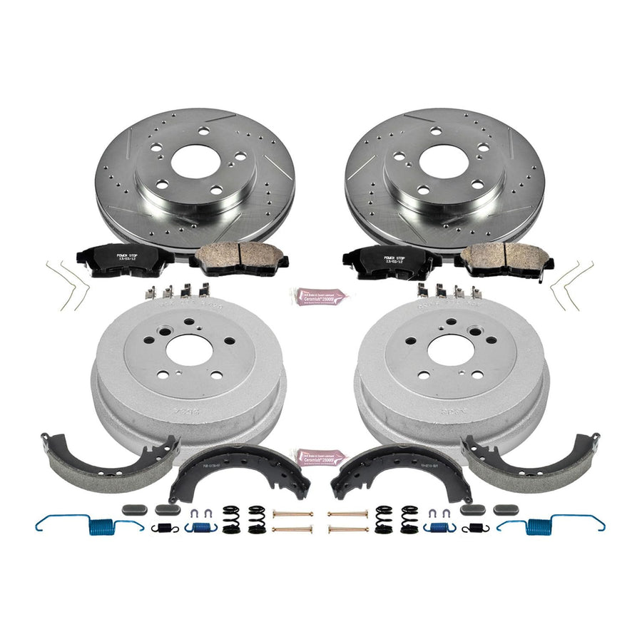 Power Stop K15059DK Z23 Carbon Fiber Brake Pads Front and Rear with Drilled & Slotted Brake Drums Kit For Toyota Camry 1992-2001 [Model Specific]