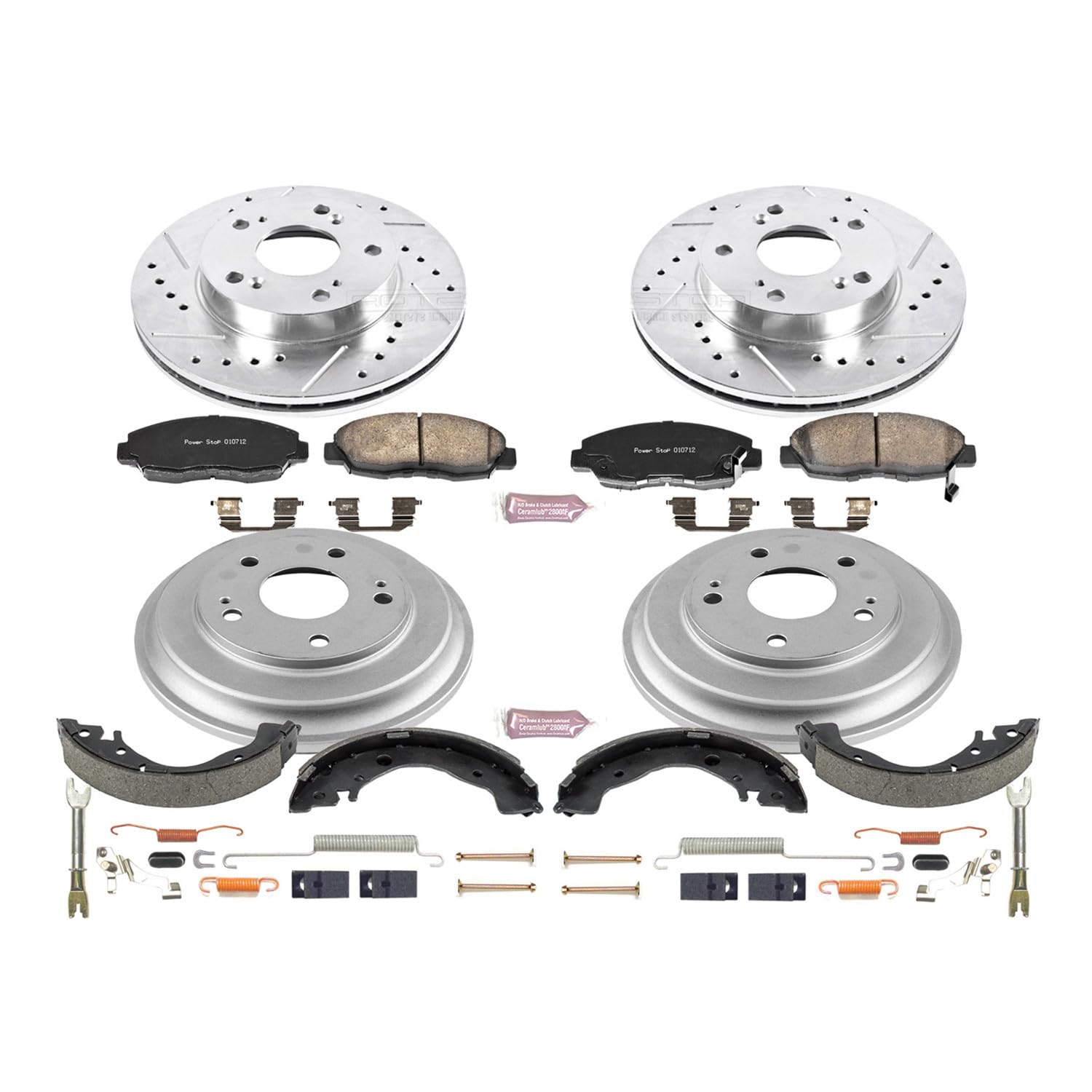 Power Stop K15241DK Z23 Carbon Fiber Brake Pads Front and Rear with Drilled & Slotted Brake Drums Kit For Honda Civic 2006-2011 [Model Specific]