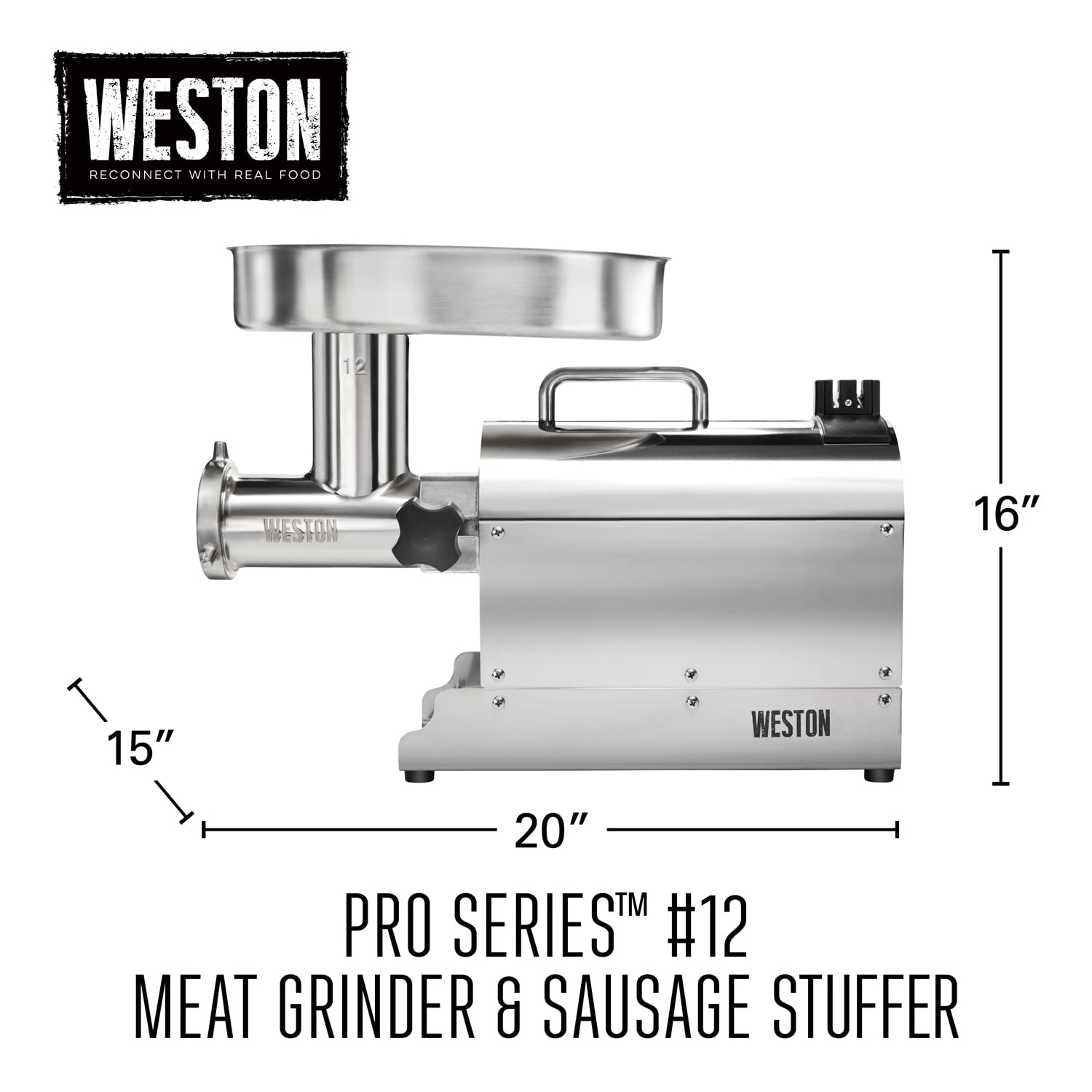 Weston Electric Pro Series Meat Grinder, Commercial Grade, 750 Watts, 1 HP, 9lbs. Per Minute, Stainless Steel (10-1201-W)