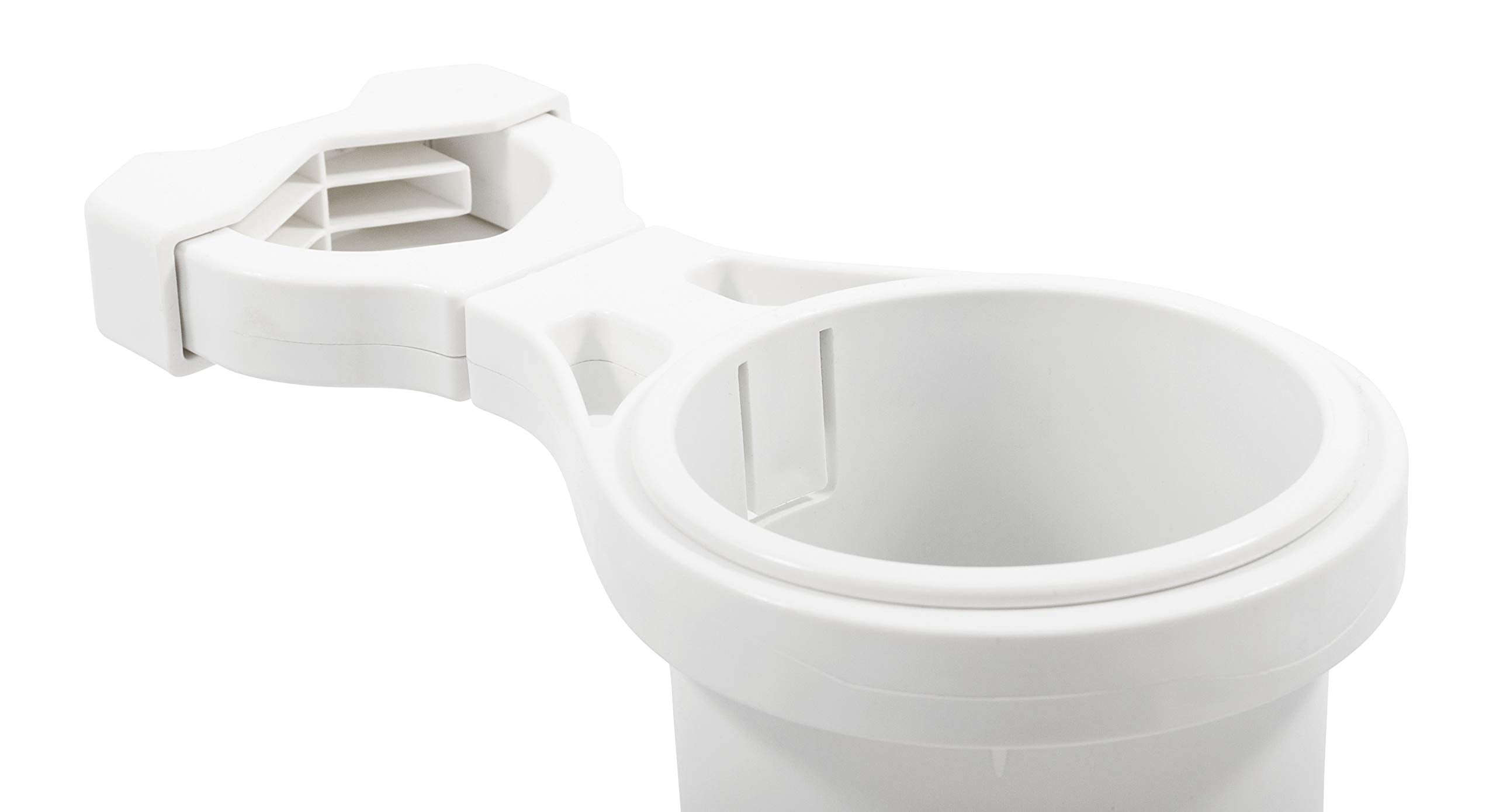 Camco Clamp Mounted Large Cup Holder-Provides a Secure Location for Your Beverage-Mountable for Up to 2-Inch Rail-White (53083)