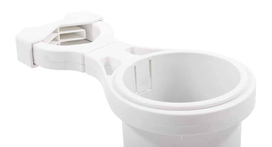 Camco Clamp Mounted Large Cup Holder-Provides a Secure Location for Your Beverage-Mountable for Up to 2-Inch Rail-White (53083)