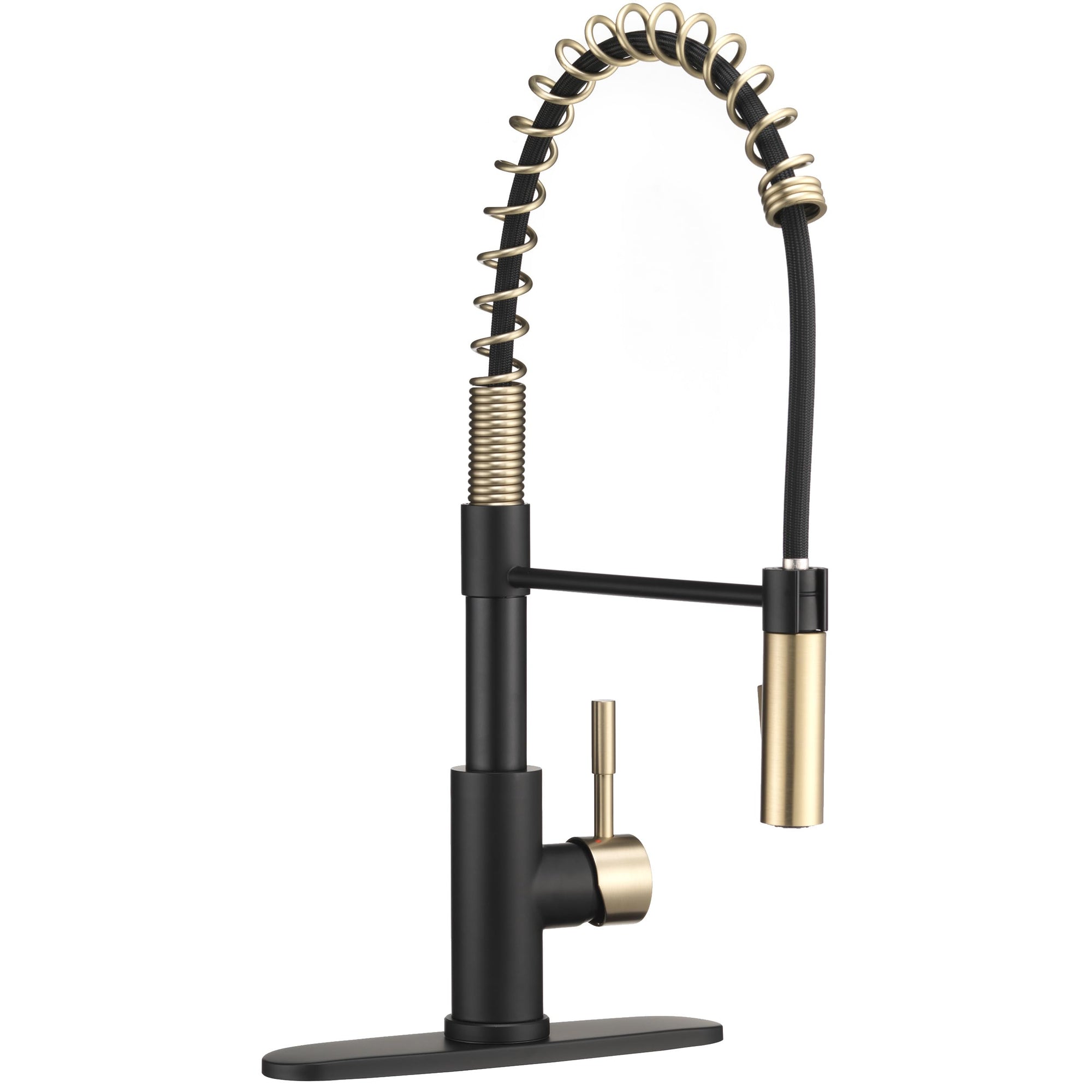 Dura Faucet RV Swivel DF-MK504SLK-MB High-Arc Spring Kitchen Sink Faucet - Single Handle - Kitchen Faucet with Pull-Down Sprayer - Optional Deck Plate (Matte Black/Matte Gold)