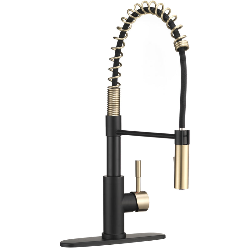 Dura Faucet RV Swivel DF-MK504SLK-MB High-Arc Spring Kitchen Sink Faucet - Single Handle - Kitchen Faucet with Pull-Down Sprayer - Optional Deck Plate (Matte Black/Matte Gold)