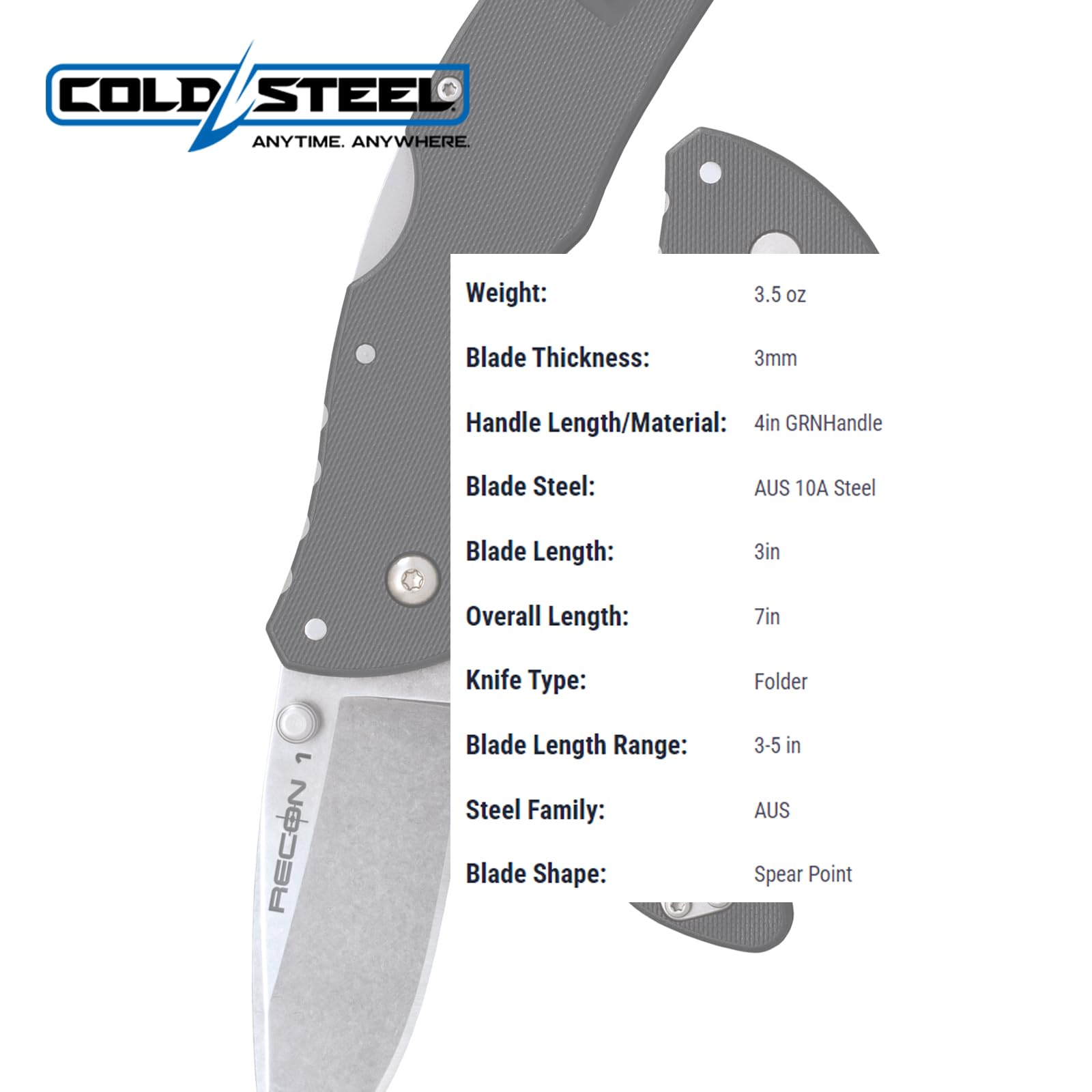 Mini Recon 1 COLD STEEL 3" AUS10A Spear Point Blade 4" GFN Handle Folding Knife w/Tri-Ad Lock, Ambidextrous Pocket/Belt Clip