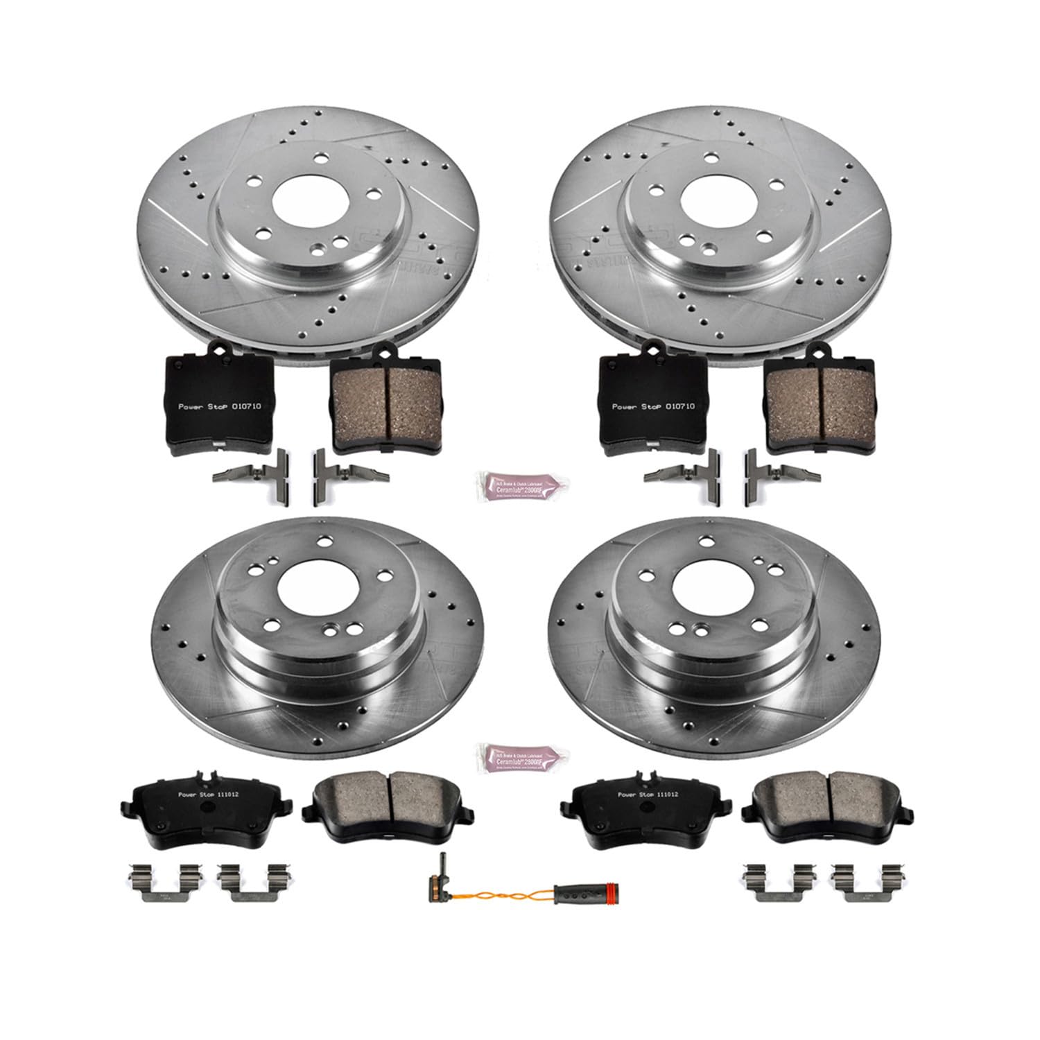 Power Stop K6703 Z23 Carbon Fiber Brake Pads Front and Rear with Drilled & Slotted Brake Rotors Kit and 1 Front Sensor Wire For Mercedes-Benz SLK280, Mercedes-Benz SLK300 [Model Specific]