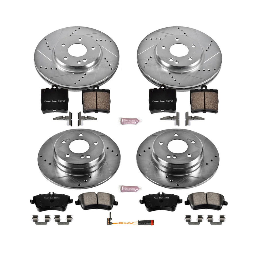 Power Stop K6703 Z23 Carbon Fiber Brake Pads Front and Rear with Drilled & Slotted Brake Rotors Kit and 1 Front Sensor Wire For Mercedes-Benz SLK280, Mercedes-Benz SLK300 [Model Specific]