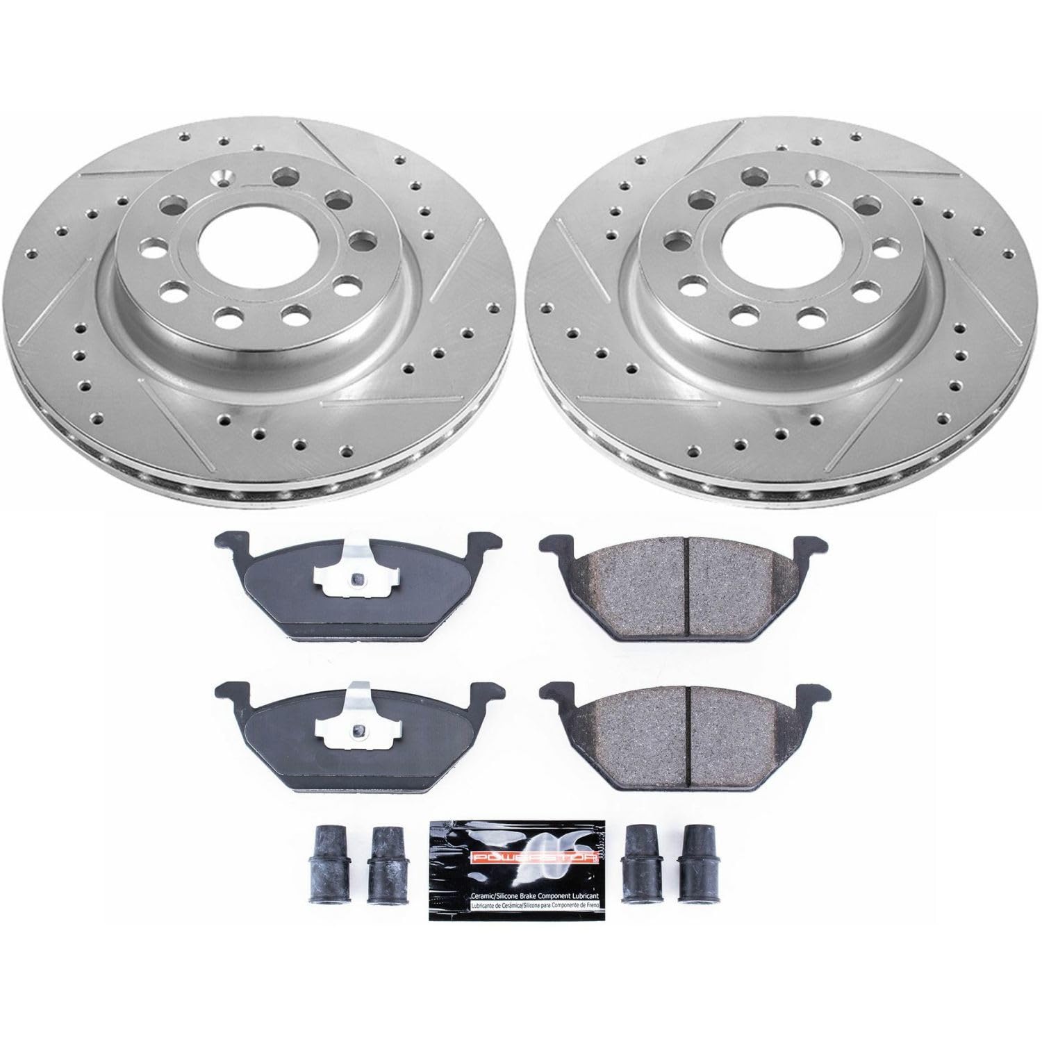 Power Stop K6041 Z23 Carbon Fiber Brake Pads Front with Drilled & Slotted Brake Rotors Kit For Volkswagen Jetta 2011-2015 [Model Specific]