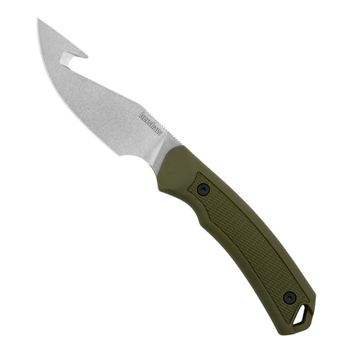 Kershaw Skinner Deschutes Gut Hook Fixed Blade Knife, Olive Design, 3.9 Inch Steel Fixed Drop Point Blade with Gut Hook, Full Tang Design, EDC, Molded Sheath, Everyday Carry Knife for Men and Women