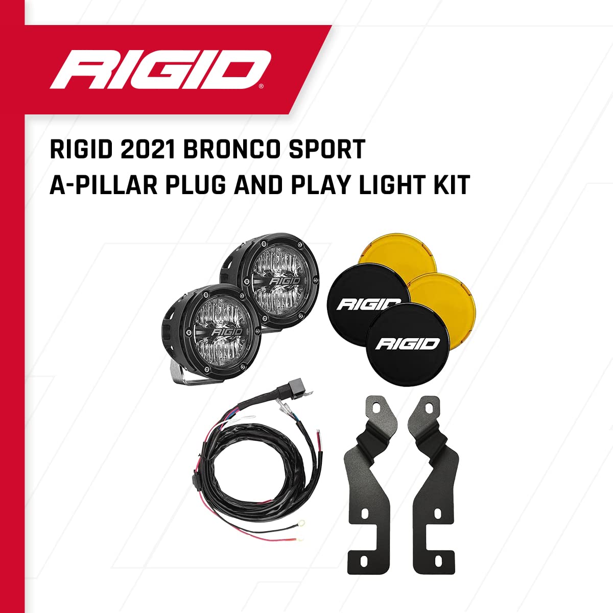 A-Pillar LED Light Mount Kit – RIGID INDUSTRIES, Fits 2021 Ford Bronco Sport - Includes 4 inch 350 Series Drive Lights with Optics